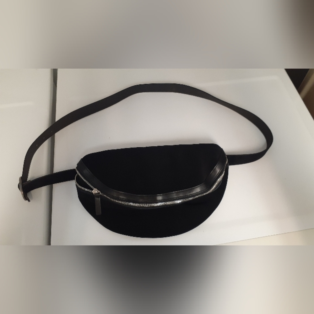 Black French Connection belt bag with silver zipper